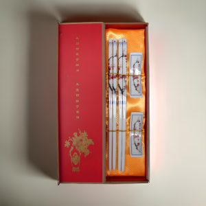 Blossoming Plums – Two Pairs of Red Porcelain Chopsticks Gift Set