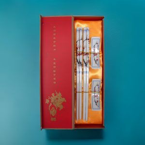 Blossoming Plums – Two Pairs of Red Porcelain Chopsticks Gift Set