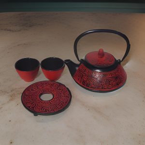 Large Burgundy Cast Iron Tea Set - One Teapot, Two Cups, and One Trivet