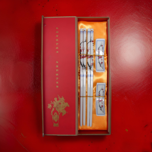 Blossoming Plums – Two Pairs of Red Porcelain Chopsticks Gift Set