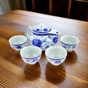 Blue Peony Flowers Traditional Chinese Porcelain Tea Set