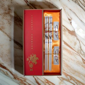 Blossoming Plums – Two Pairs of Red Porcelain Chopsticks Gift Set