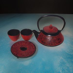 Large Burgundy Cast Iron Tea Set - One Teapot, Two Cups, and One Trivet
