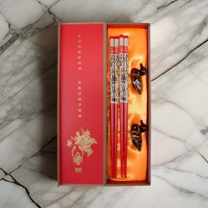 Mandarin Ducks – Two Pairs of Red Porcelain Chopsticks Gift Set